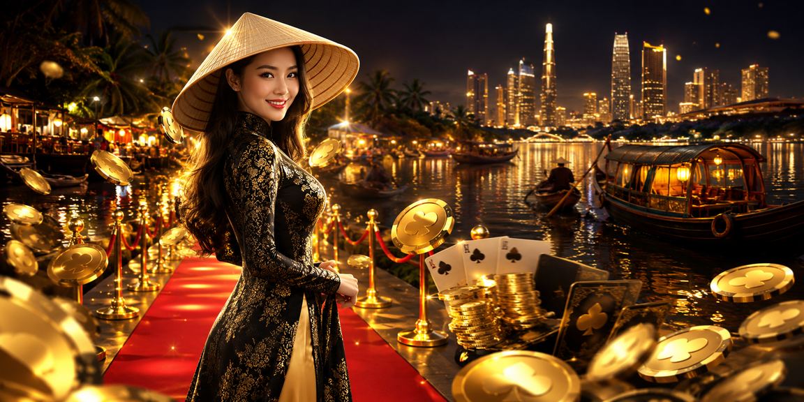 Người phụ nữ đội nón lá chơi bài tại vùng sông Mekong trong không gian truyền thống Việt Nam